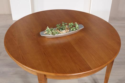 Table ronde Célia réalisée en merisier de style Directoire Diamètre 130 - 1 allonge incorporée rangée sous le plateau