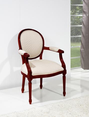 Fauteuil de style Louis XVI réalisée en MERISIER  Assise et Dossier tissu d'ameublement