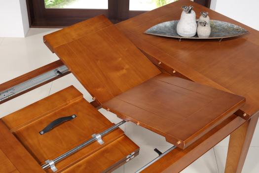 Table de repas Jeanne réalisée en Merisier Massif Pieds Fuseaux, 140x100 avec 2 allonges intégrées de 39  cm