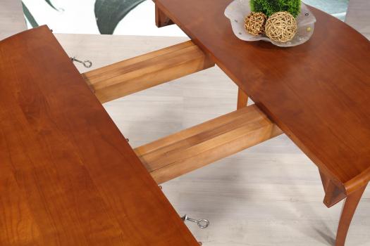 Table ronde 4 pieds sabres Camille, réalisée en merisier massif de style Louis Philippe DIAM.110 +  2 allonges de 40 cm 