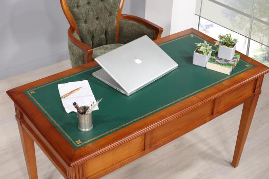 Bureau 3 tiroirs Agathe réalisé en Merisier Massif de style Directoire Surface d'écriture recouverte d'une moleskine verte 